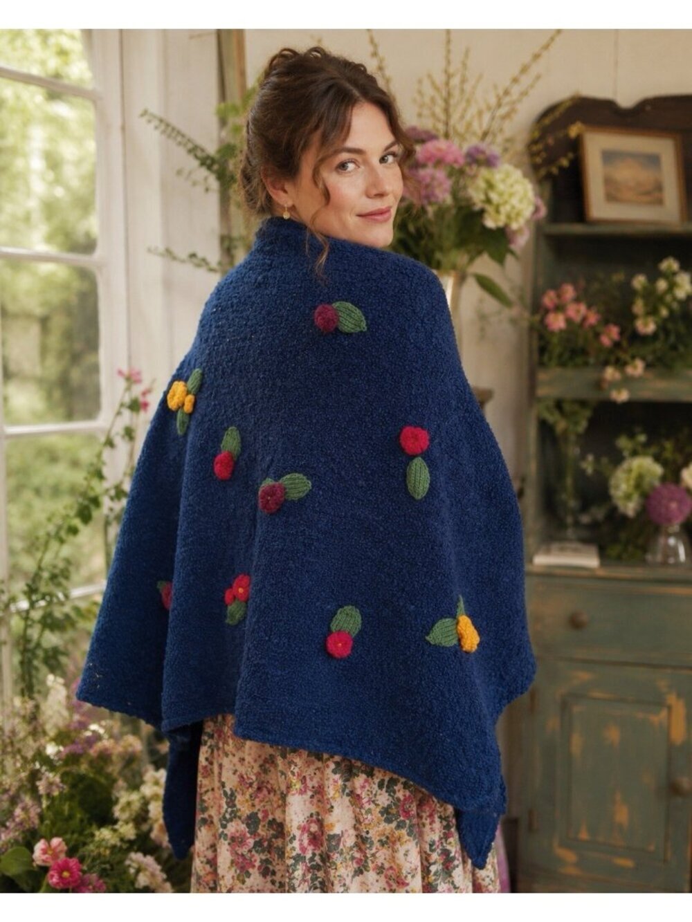 Buddie Womens Boho Shawl Blue Knit 3D Floral Wrap Boho Cottagecore Hygee One Sz